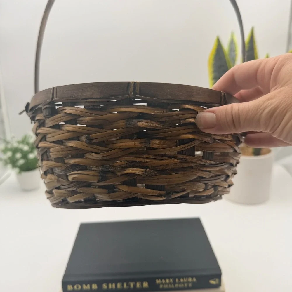 Vintage Woven Wood Round Basket with Tall Handle Brown Rustic Farmhouse Decor
